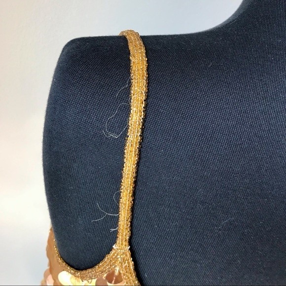 Gold Sequin Tank Top Silk Beaded Spaghetti Strap Mermaid Scales Glam CHAUDRY - Picture 8 of 9